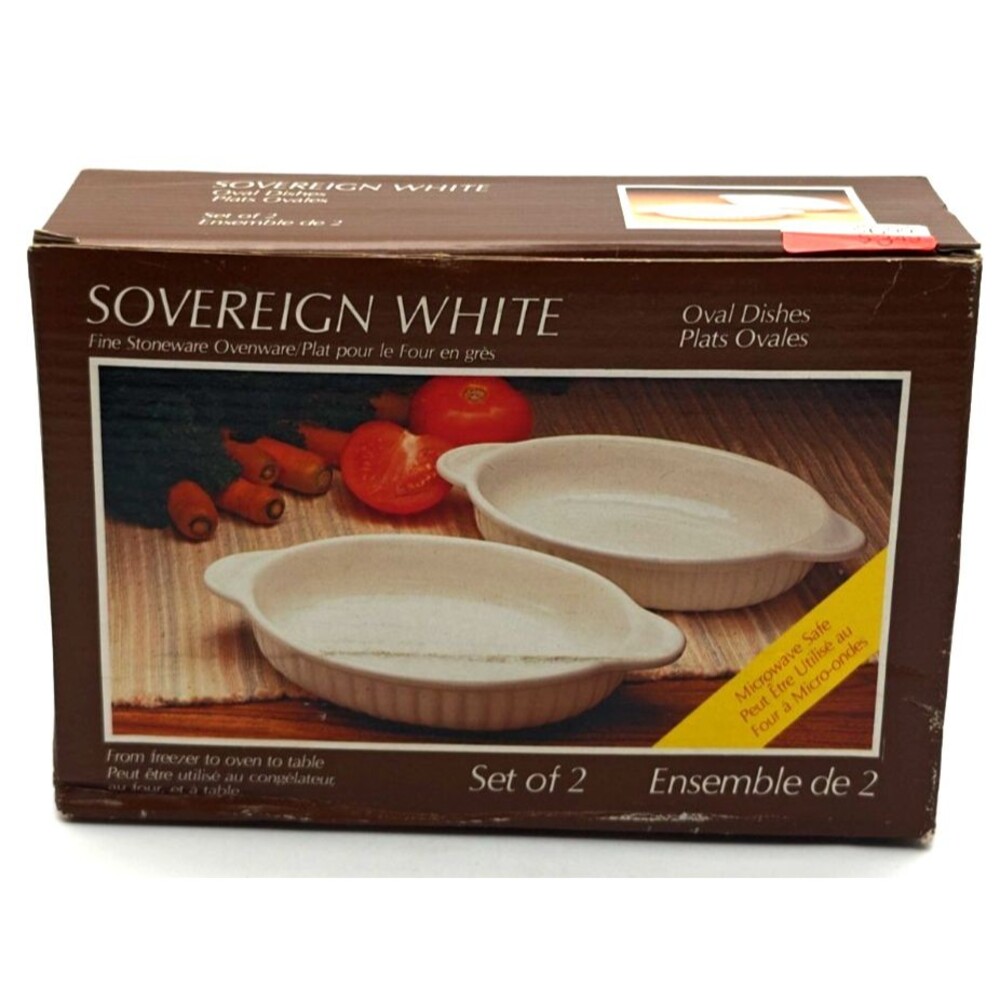 NOS 2 Sovereign White Oven Ware Personal Oval Handled Baking Dishes